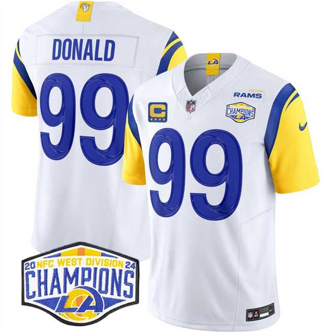 Mens Los Angeles Rams #99 Aaron Donald White 2024 NFC West Champions With 4-Star C Patch F.U.S.E. Vapor Untouchable Stitched Jersey